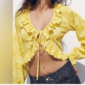 Zara Yellow Ruffle Tie-Front Crop Top